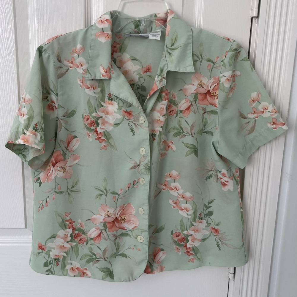 ALFRED DUNNER Women’s Green Multicolor Floral Hawaiian Button Down Blouse | 12P